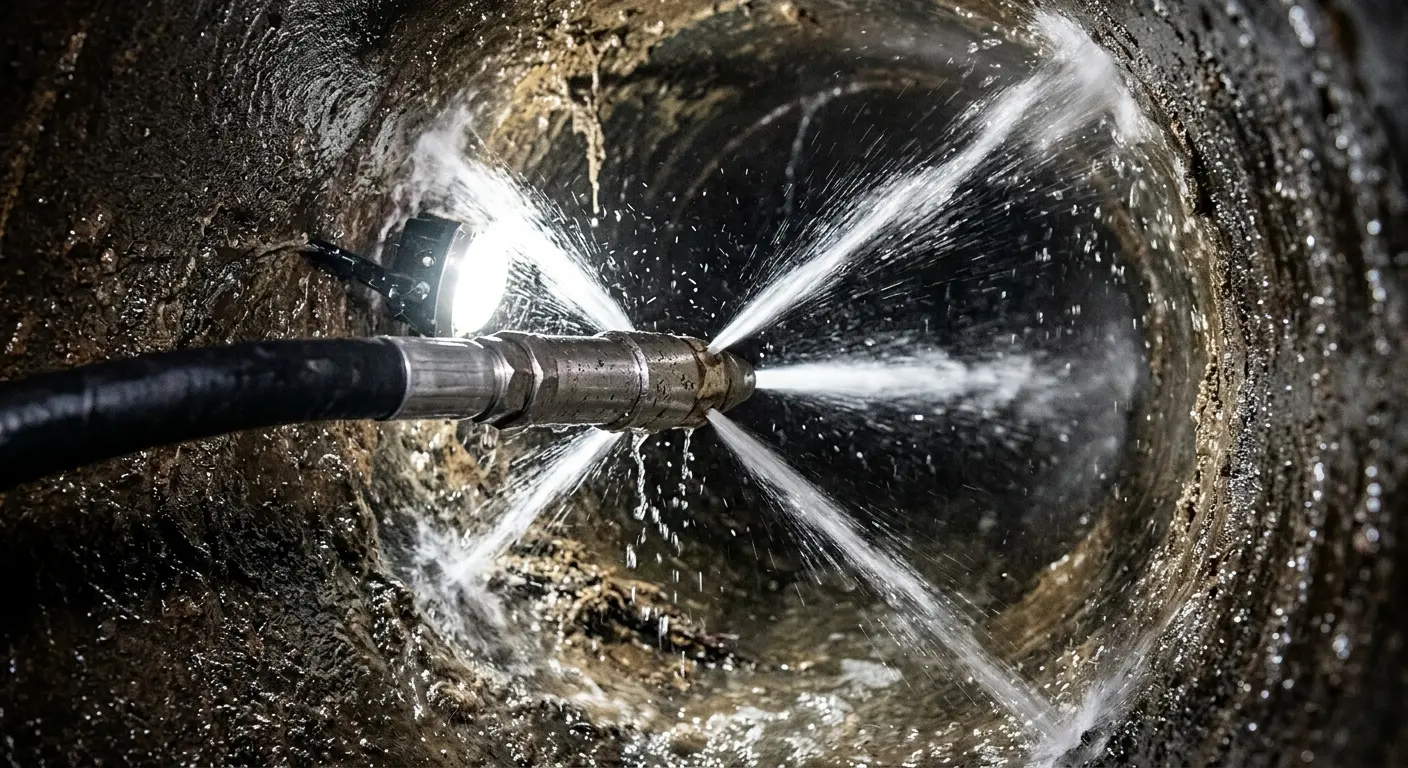 High-pressure hydro jetting nozzle cleaning sewer pipe for Trenchless Sewer Repair in Chestnuthill