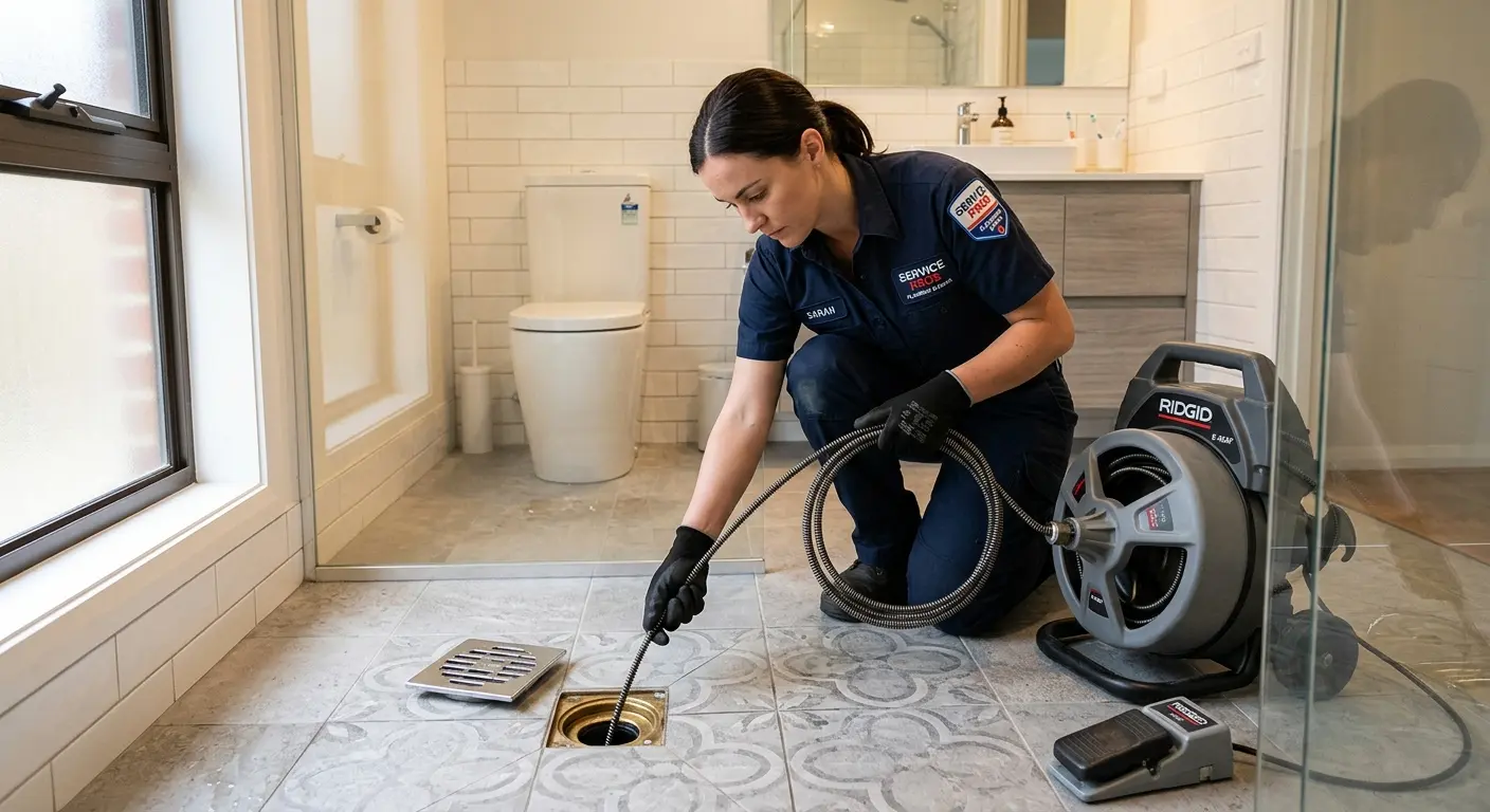 Technician clearing a bathroom floor drain for Sewer Line Installation in Chestnuthill